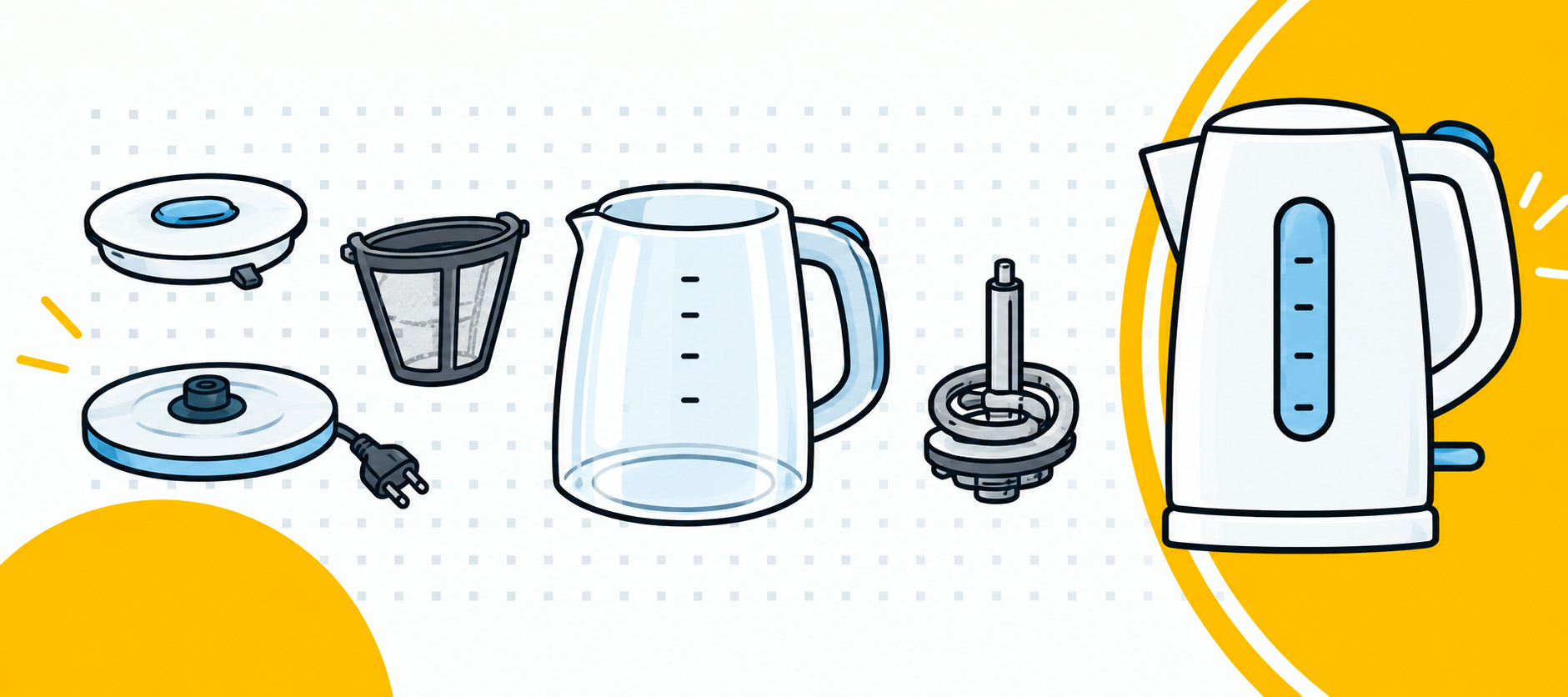 bannière illustrant un aspirateur avec les différentes pièces détachées associées