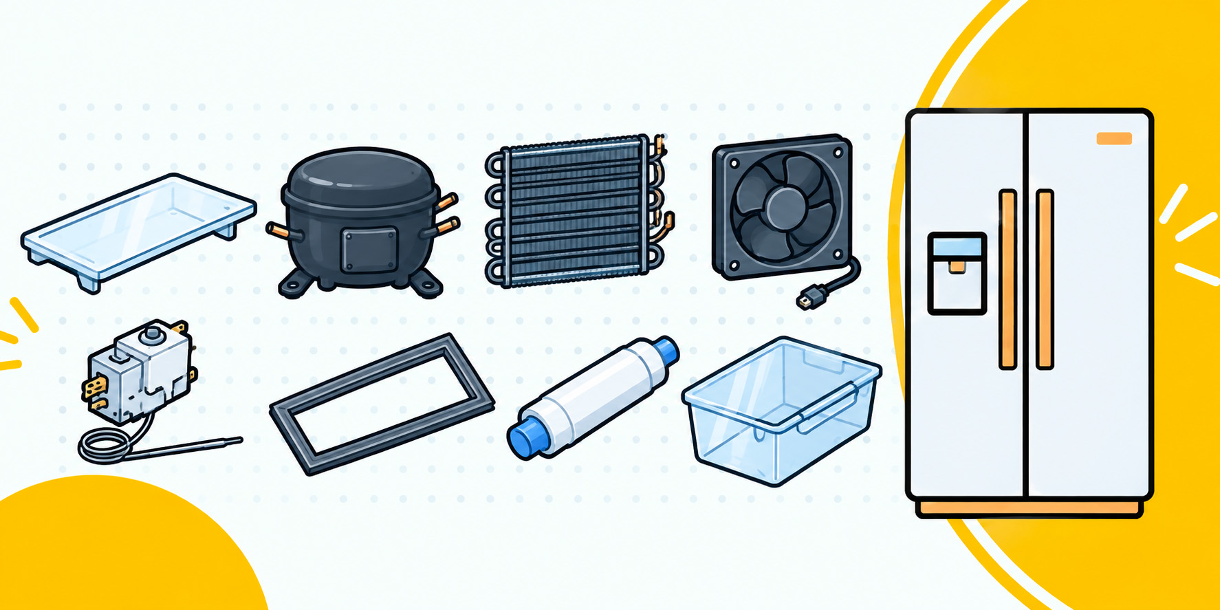 bannière illustrant un aspirateur avec les différentes pièces détachées associées