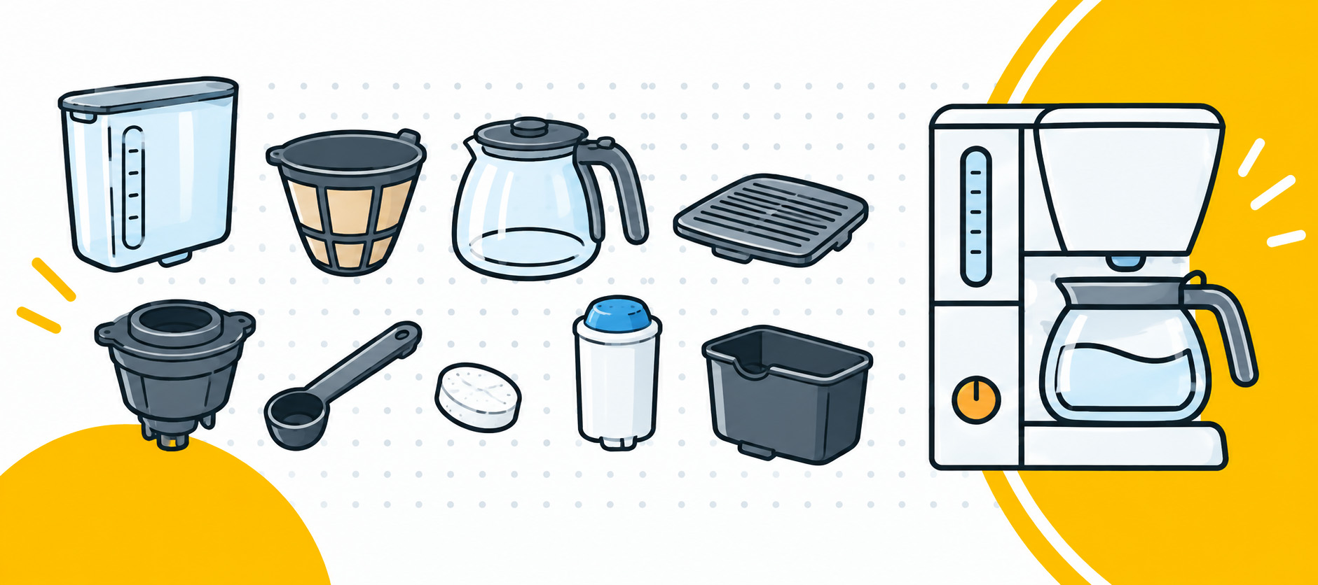 bannière illustrant un aspirateur avec les différentes pièces détachées associées