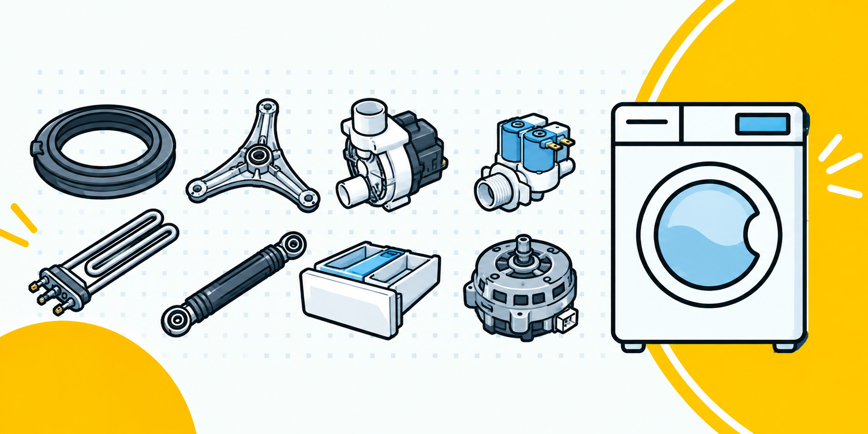 bannière illustrant une machine à laver avec les différentes pièces détachées associées
